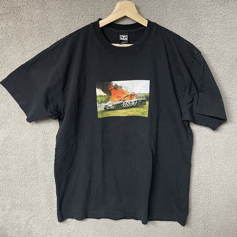 Obey Shirt Mens Large The Suburbs Burning Car Graphic Black T-Shirt Crew Neck